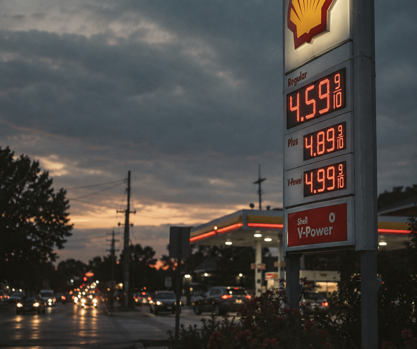 Gas station price sign showing rising oil prices at dusk, reflecting the impact of surging fuel costs on inflation and retirement planning.