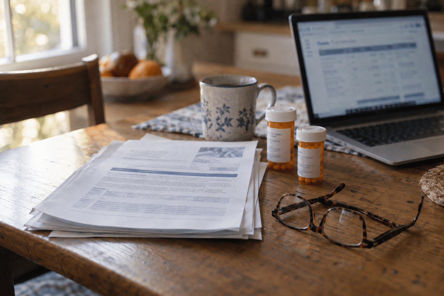 Medicare Annual Notice of Change, prescription bottles, and reading glasses on a kitchen table beside a laptop, illustrating Medicare open enrollment, Part D plan comparison, and retirement planning in New Jersey.