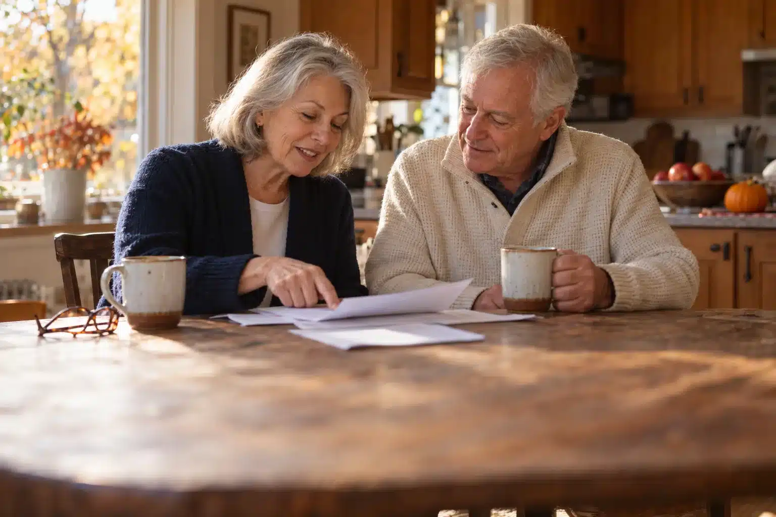 Retired couple reviewing year-end papers together at a sunlit kitchen table in autumn.