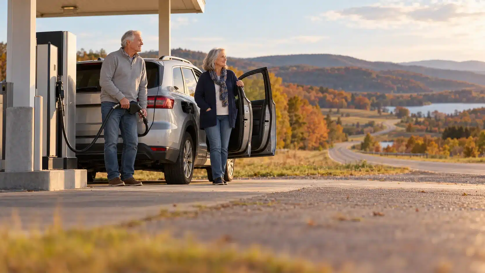 Retired couple filling their SUV at a gas pump on an autumn road, illustrating how rising oil prices can affect retirement income