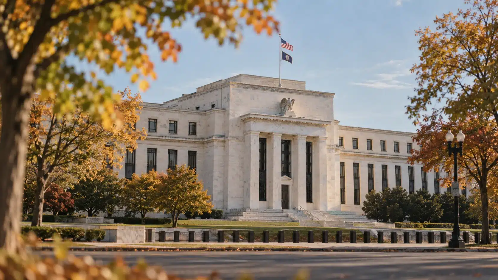 Federal Reserve Eccles Building in Washington on an autumn morning, illustrating rising interest rates and the Fed's October decision.