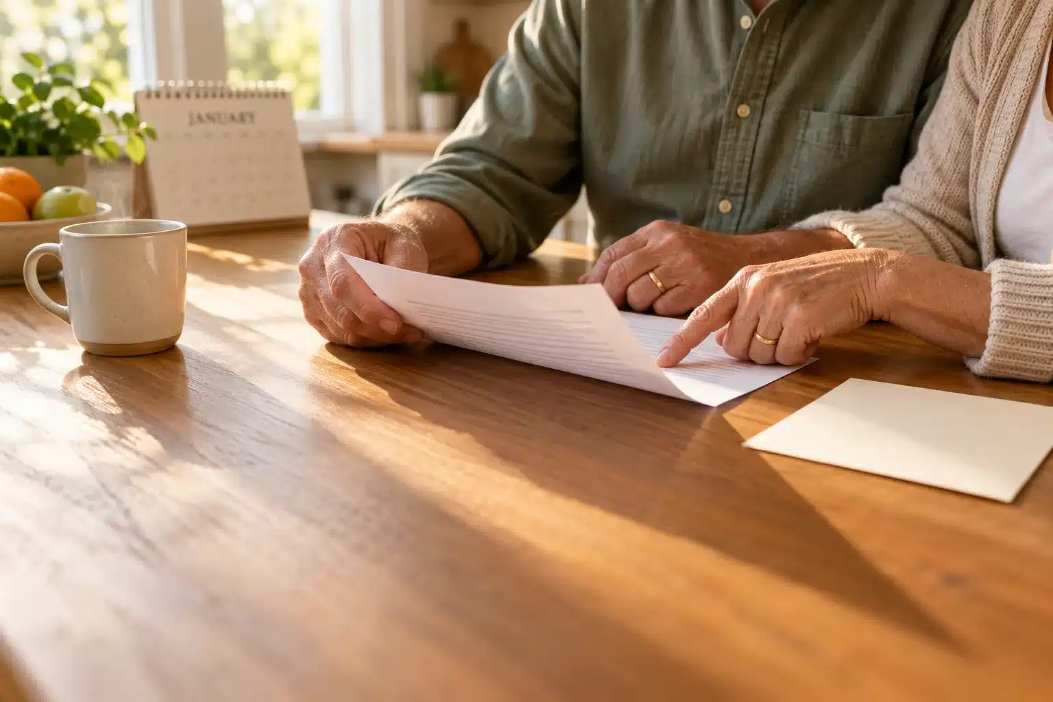 Older couple at a sunlit kitchen table reviewing a letter and paperwork together.
